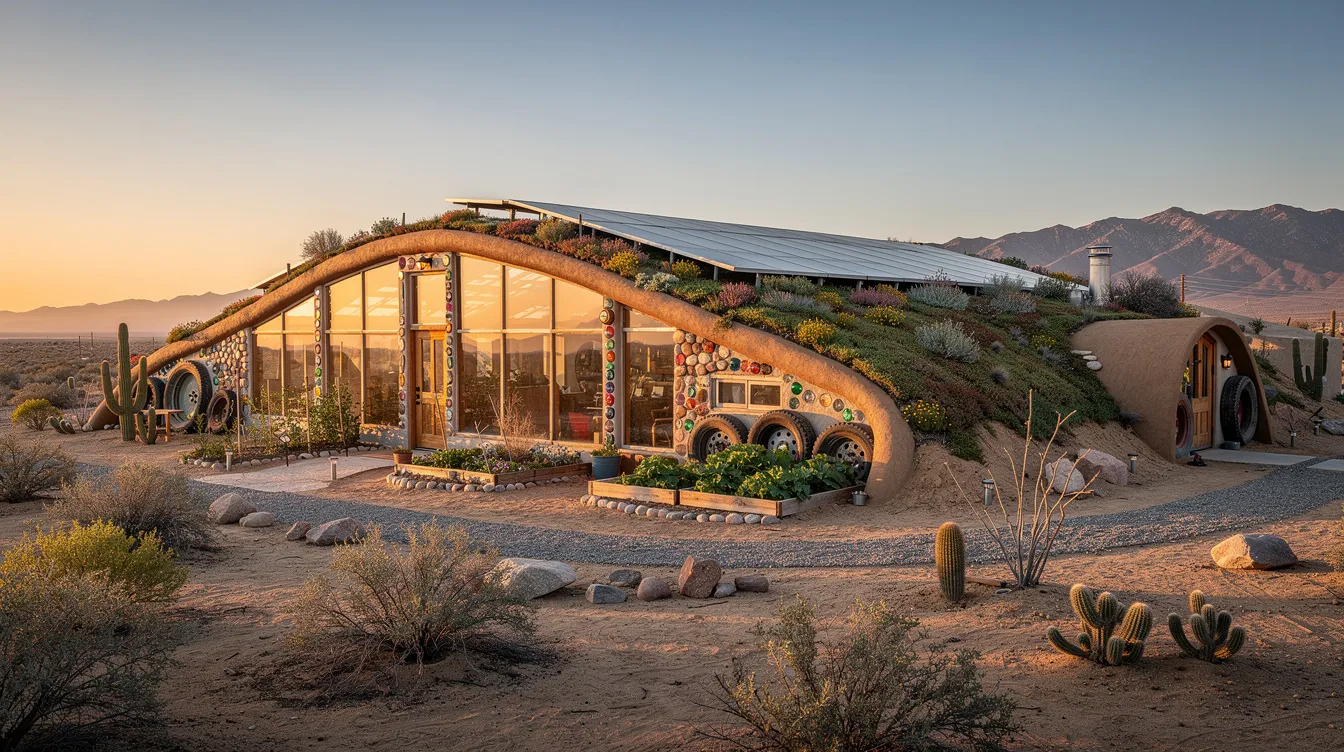 Dd7c4a506d594dfab09c9989edff8017 The image depicts an earthship in California showcasing its unique architecture made from natural and repurposed materials Surrounded by the Santa Cruz Mountains this sustainable home features large windows for natural light and a double greenhouse embodying the principles of energy efficiency and grid living
