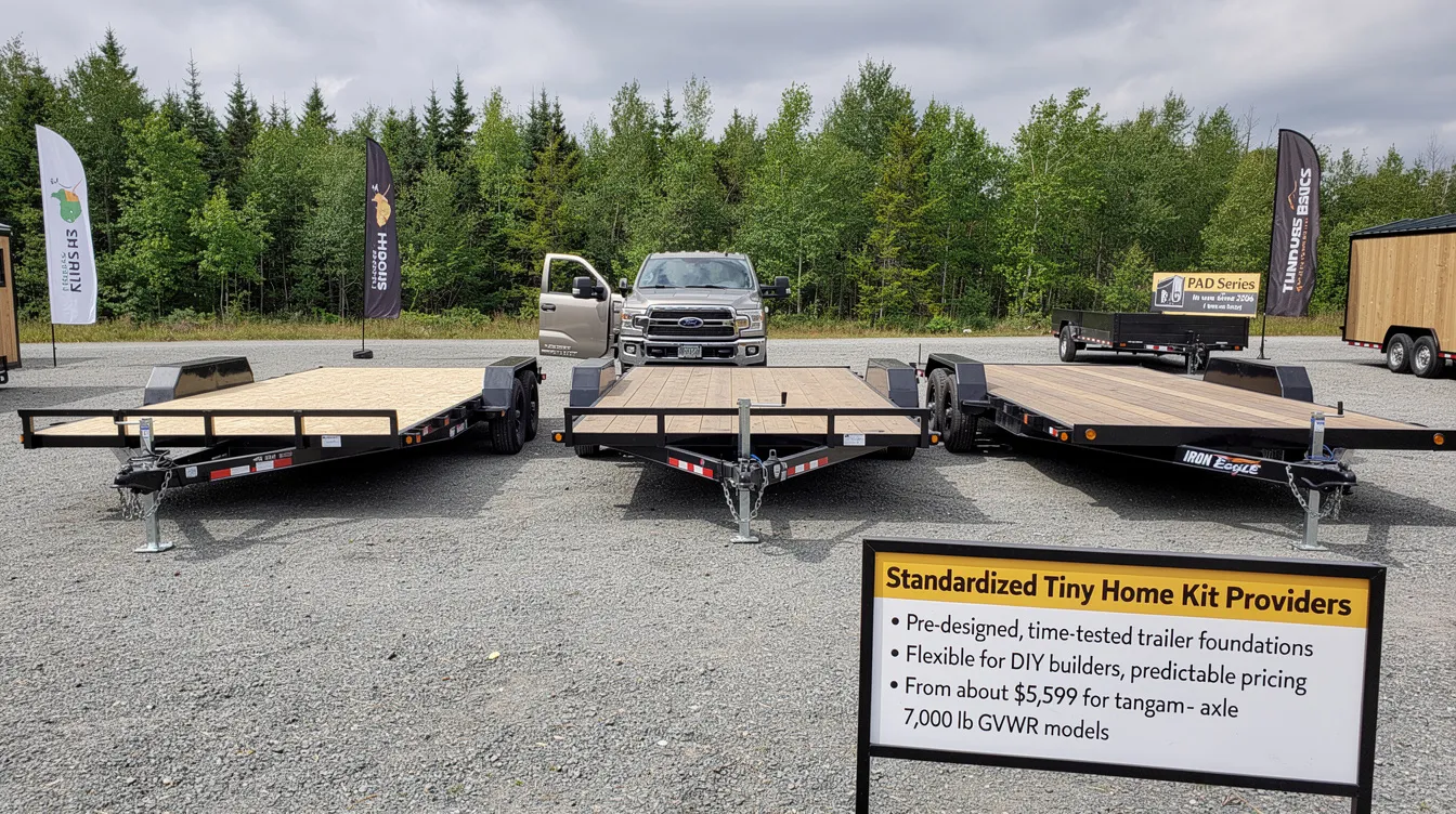 Ddfb1d8aa7564575b5c8b02bf9eebd76 The image showcases a selection of tiny house trailers from various standardized kit providers highlighting their robust designs and customization options Featured are models from Tiny House Basics and Iron Eagle emphasizing the solid foundation and time tested designs that cater to DIY builders looking to create their dream tiny home
