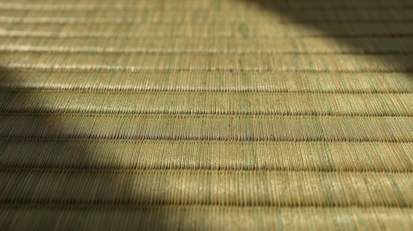 De1481813ab54aefbdb59aaa5af88a76 A close up photograph showcases the intricate woven texture of rush grass on a tatami mat highlighting its natural green gold color and fine parallel weave pattern This detail exemplifies the premium quality and beauty of tatami flooring an essential element in traditional Japanese style rooms