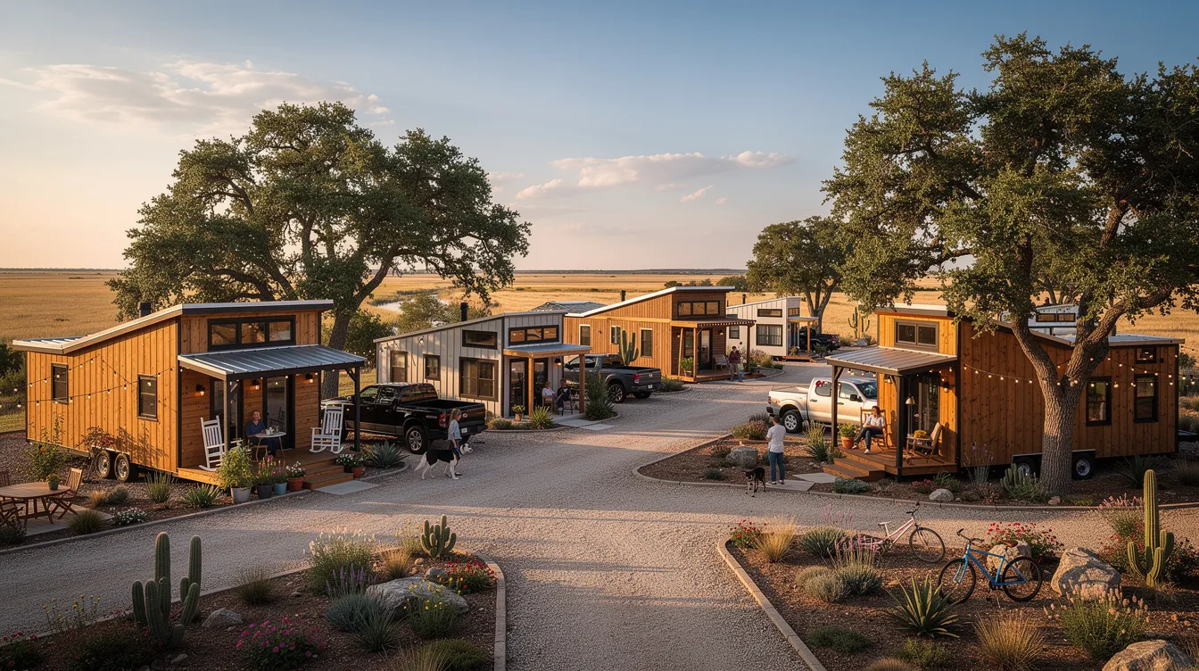 Df7b04c43b1f49e2b7c7d3ec234b76d8 The image depicts a picturesque Texas tiny house community featuring several charming tiny homes nestled among greenery and trees creating a serene environment for residents This community offers a focus on tiny living with amenities such as a shared park area and nature trails inviting visitors to explore the beauty of the surrounding landscape