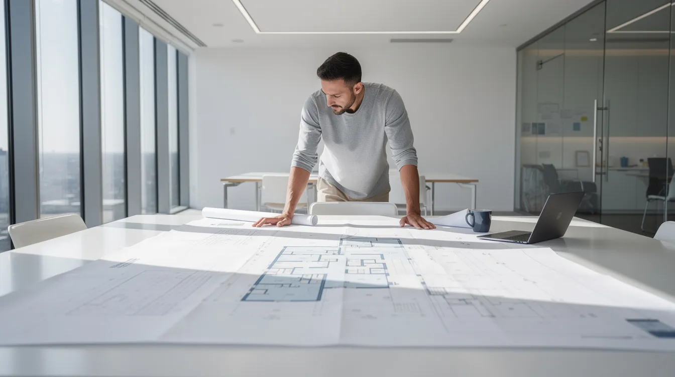 Dfe7b7bc1f0e496f9496c0faf87b3682 A person is intently reviewing detailed architectural blueprints spread out on a table in a bright modern office possibly planning a tiny home as an accessory dwelling unit ADU in California The blueprints may include designs for tiny homes that focus on efficient use of space and align with local building codes