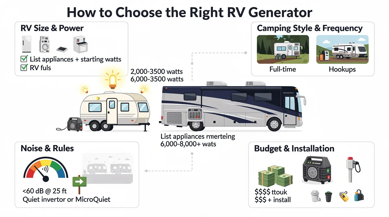 E0c5254f51414263ba4ef9a887dfe2f5 An informative graphic illustrates how to choose the right RV generator based on RV size power requirements and camping style Key considerations include the wattage needed for appliances like air conditioners and fridges the importance of quiet operation for noise sensitive campgrounds and the budget for portable versus built in models