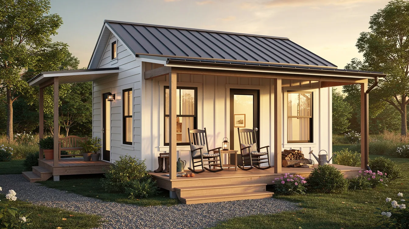 E0d18b2f378f44ffb38e28c4ac4abfd7 The image features a charming tiny farmhouse with a covered front porch offering a cozy outdoor living space ideal for relaxing or entertaining This design highlights the value of outdoor areas in tiny house plans enhancing the overall comfort and appeal of the small house