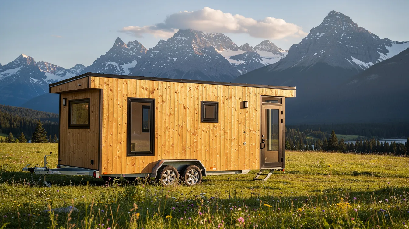 E176b090dcfa4aeba4aa3e0454b3491e A small beautifully designed tiny house on wheels sits in a lush meadow surrounded by majestic mountains in the background showcasing a perfect example of minimalist living and innovative design This tiny home features sleek modern designs and outdoor living spaces making it an ideal vision for those exploring tiny house plans