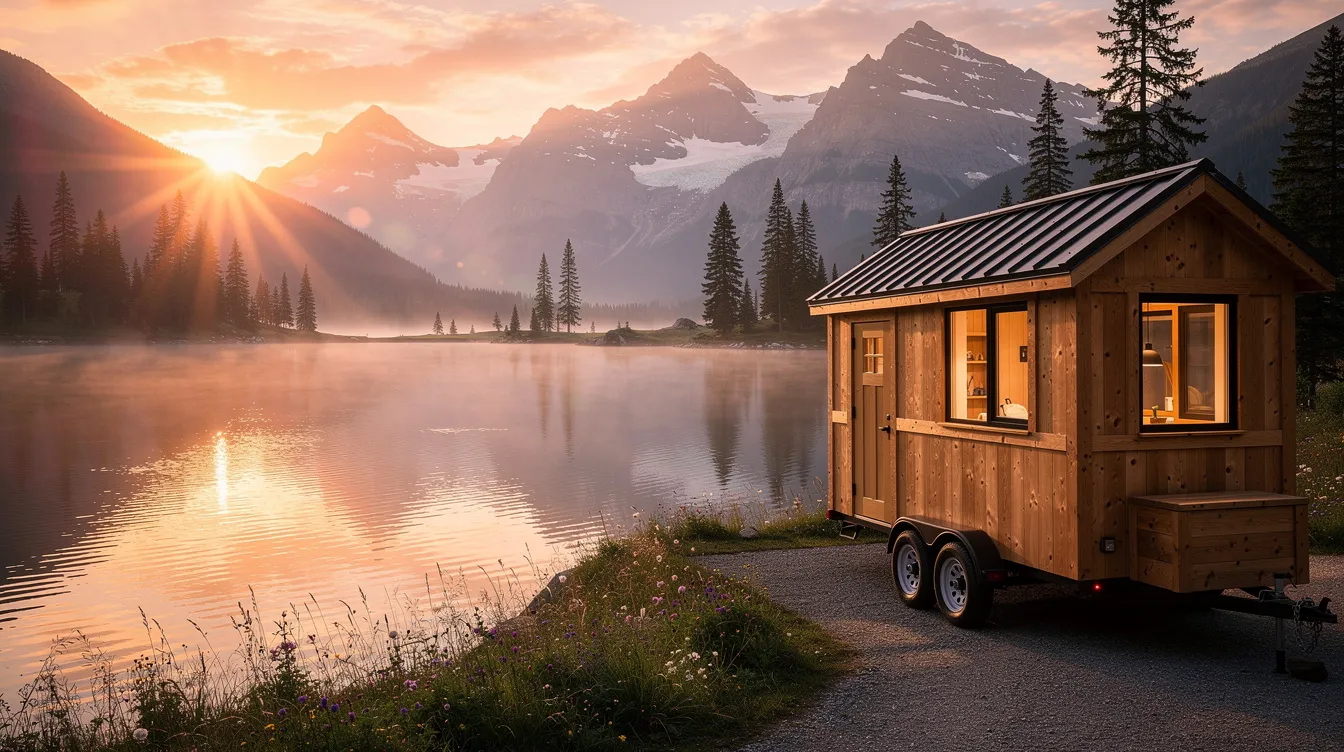 E1de47734da446b2b53e072125c8afbc A charming tiny house on wheels is parked beside a serene mountain lake bathed in the warm hues of sunset This scene embodies the essence of tiny living promoting personal and financial freedom through a simplified lifestyle in such a small space