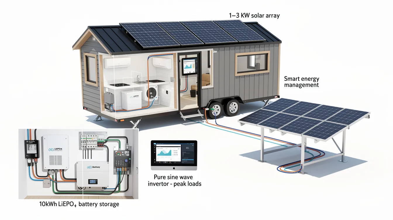 E1f26769c1874802bdfb728633e4ecd1 The image features a modern tiny house equipped with solar panels on the roof showcasing an off grid living setup designed for energy efficiency This self sustaining tiny home emphasizes sustainability with battery storage systems and smart energy management to support comfortable daily use in remote areas