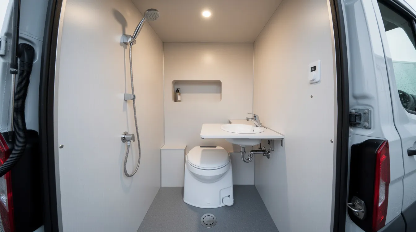 E271c2a3541a4f398b6a0010a38267e9 The image depicts a compact wet bath interior in a converted van featuring a shower head mounted on the wall above a small toilet and a fold down sink This tiny house bathroom design maximizes space with built in storage solutions and utilizes natural light to create a functional and inviting bathroom space