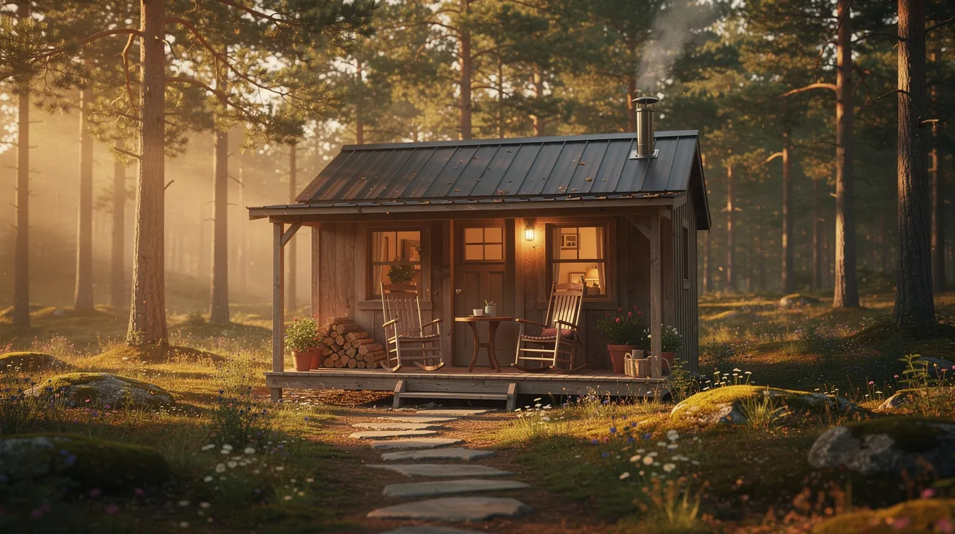 E3ab0c5cf5bc445180e8b45935f6b98f The image depicts a cozy tiny cabin with a wraparound porch surrounded by nature perfect for enjoying the outdoors The cabin features a charming design with an open layout including a great room and a kitchen island inviting you to experience a simple yet beautiful lifestyle