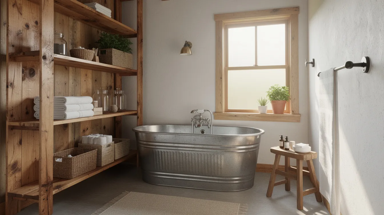 E3bd5e627d7542aa9b6b4d839b274006 The image depicts a cozy tiny house bathroom featuring a stock tank tub as the centerpiece surrounded by floor to ceiling wooden shelving that provides ample storage space Warm natural light filters through a window enhancing the rustic charm of this small bathroom design