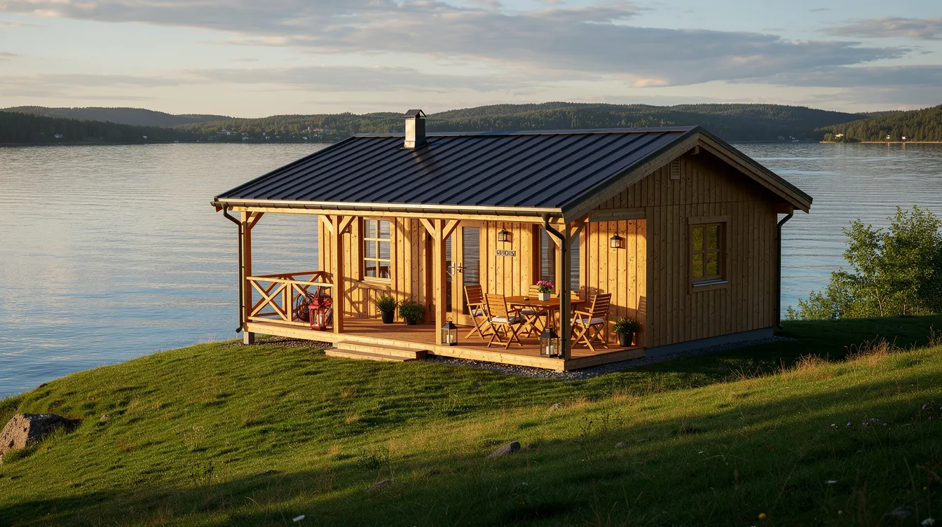 E64edf98bac844afba433f602a801f6d The image depicts a tiny wooden cabin with a charming wraparound porch furnished with outdoor dining furniture nestled on a grassy hillside overlooking a serene lake in the background This beautiful tiny cabin design offers a perfect blend of nature and comfort ideal for enjoying peaceful moments outdoors