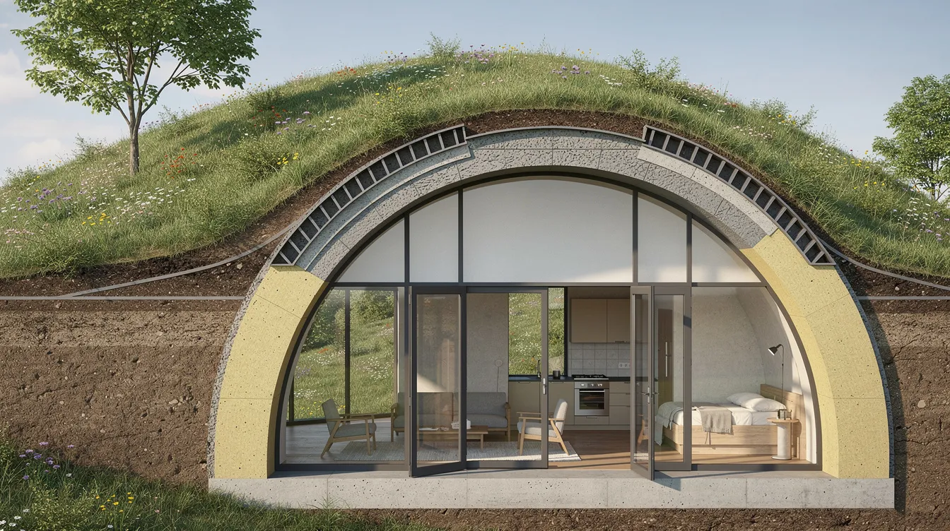 E65c49c65587465187fdc07884d37dc1 This image shows a cross section of an earth sheltered dome home nestled into a green hillside featuring a soil covered roof and a glass facade oriented towards the south The design exemplifies energy efficiency and sustainable living characteristic of dome house kits that blend seamlessly with natural spaces