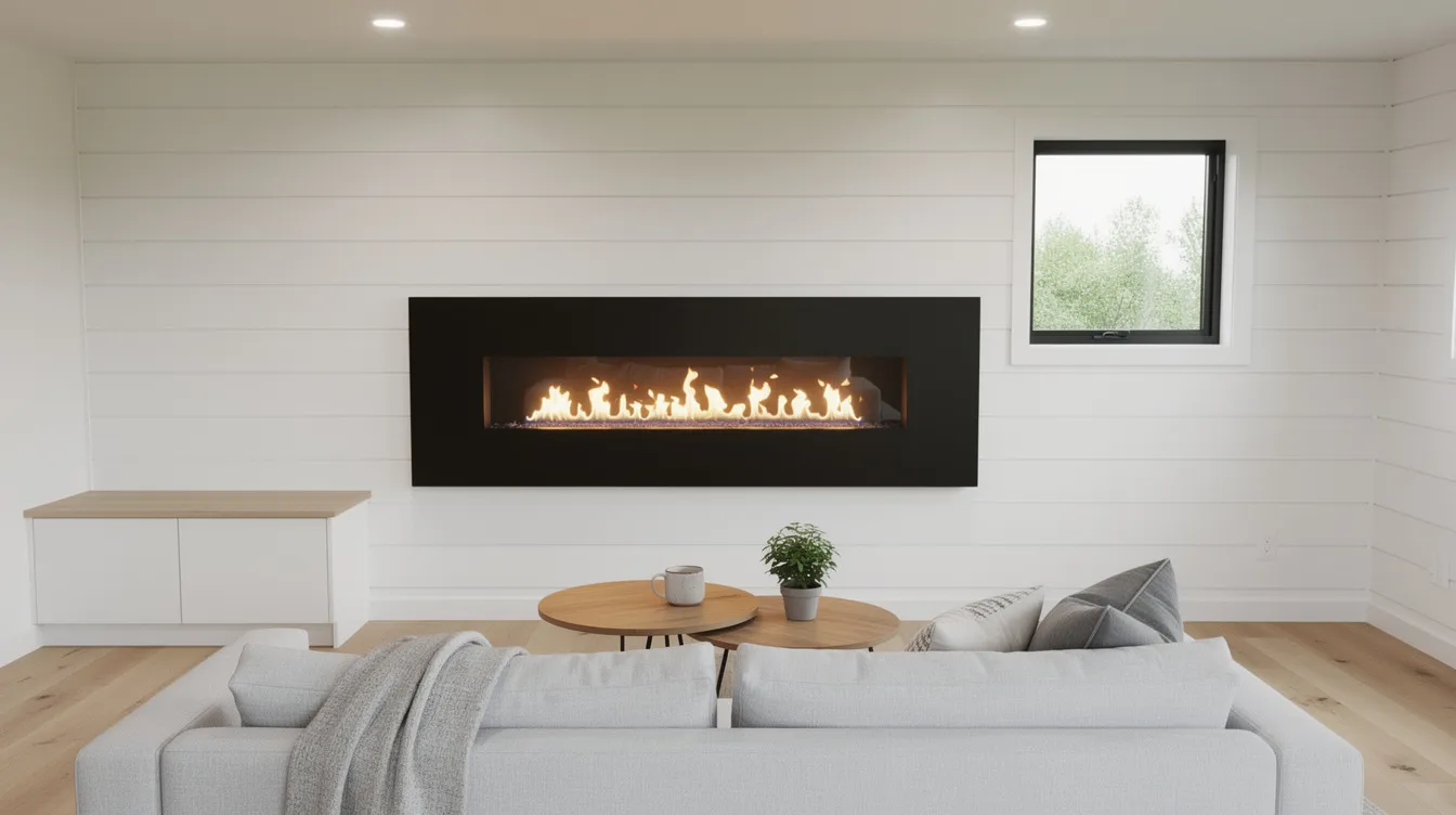 E7f7c9de573f4a428ccdc4c95ebed671 The image features a modern minimalist tiny home interior showcasing a sleek wall mounted fireplace that emits a warm glow against white shiplap walls A small window nearby adds to the cozy atmosphere making this small space inviting and stylish