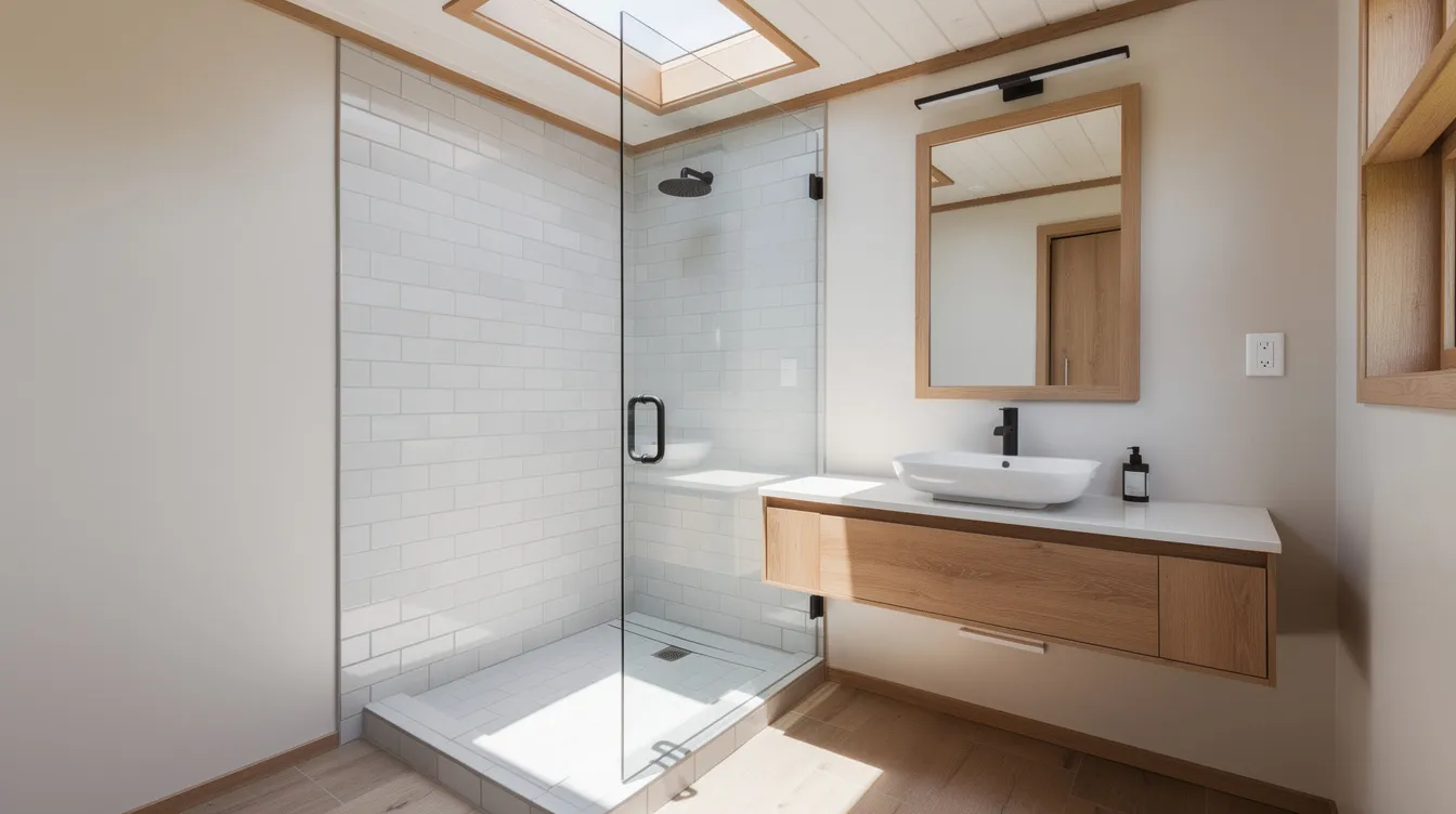 E8a5bef8ab3846e49769ad2135fdd044 The image features a bright tiny house bathroom with a modern design showcasing a tiled corner shower with a clear glass door surrounded by natural light streaming in from a skylight The space includes wood accents that enhance the airy feel making it a functional and stylish shower room ideal for maximizing storage and floor space in tiny house living