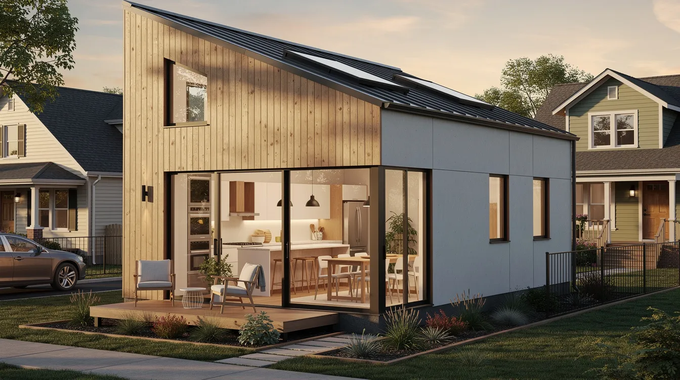 E8d8b141903c4b2ab3b9eb1ab1d53b42 The image showcases a sleek modern tiny house design featuring an open floor plan with large windows and skylights that flood the living space with natural light This compact home typically ranging from 400 to 800 sq ft emphasizes energy efficiency and minimalist living making it ideal for narrow building lots and urban environments