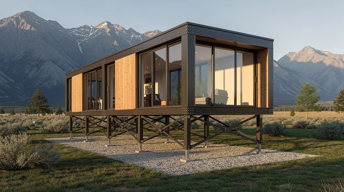 Eac7514be2874e91bf221a26d129dfa6 A modern modular steel frame home designed for workforce housing is elevated on adjustable piers in a serene rural landscape with majestic mountains rising in the background This box house model showcases a combination of contemporary design and functionality perfect for individuals seeking comfort and privacy in a natural setting