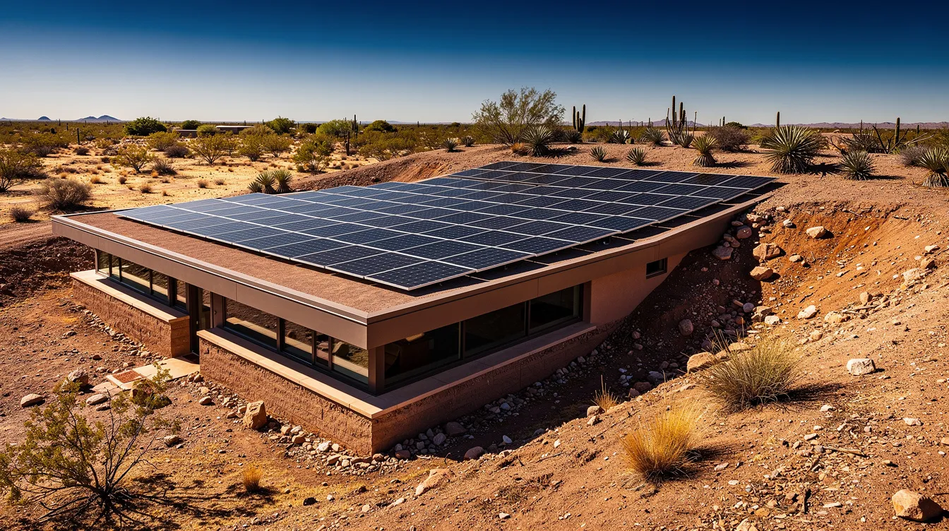 Eb517bab2fec4966886191879610f8601 The image depicts a rooftop solar panel array installed on a partially earth sheltered home surrounded by desert vegetation This earthship showcases sustainable living through the use of natural and recycled materials emphasizing the integration of renewable energy systems for self sufficiency