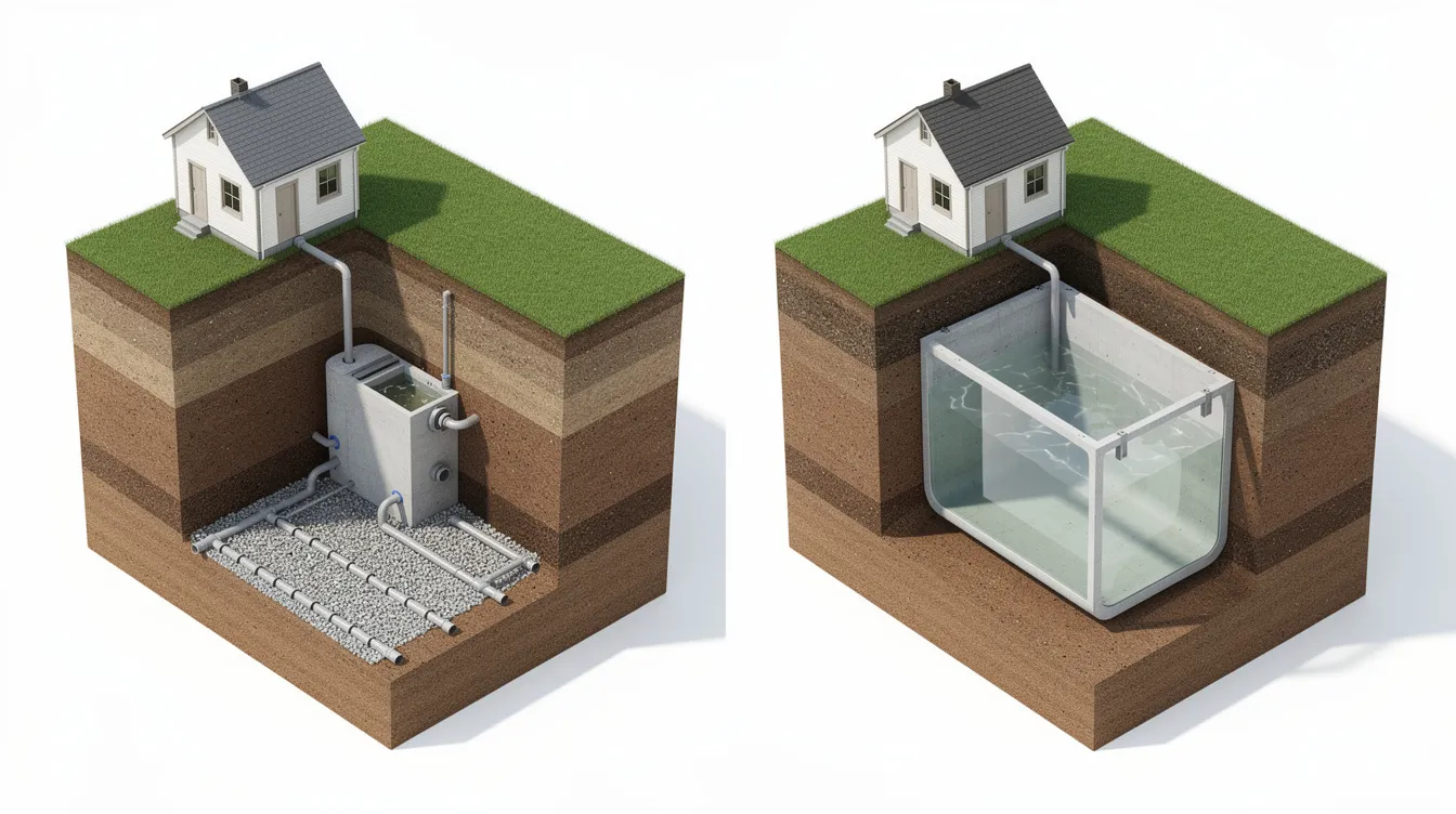 Ebdd3ec93fea4eebad6edc80b0d50c51 The image compares a conventional small septic system featuring a septic tank and drain field with a holding tank designed for liquid waste storage Both systems are depicted in a natural setting highlighting their installation on a property suitable for cabins or tiny homes