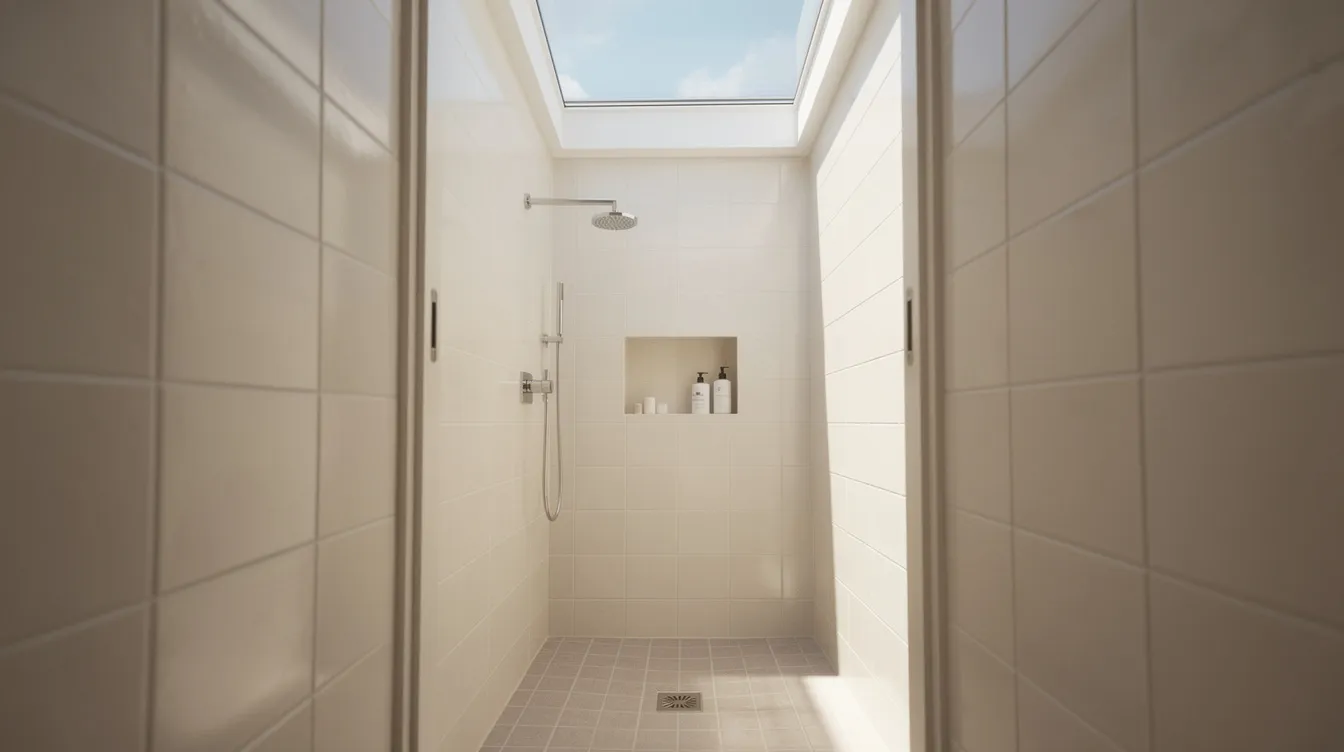 Ec3138c6534642bb9cb9a8c5c519bf68 The image depicts a small shower stall within a tiny house bathroom featuring light colored tile walls and a skylight that floods the space with natural light The compact design emphasizes the functional shower area making it an ideal example of tiny house shower ideas
