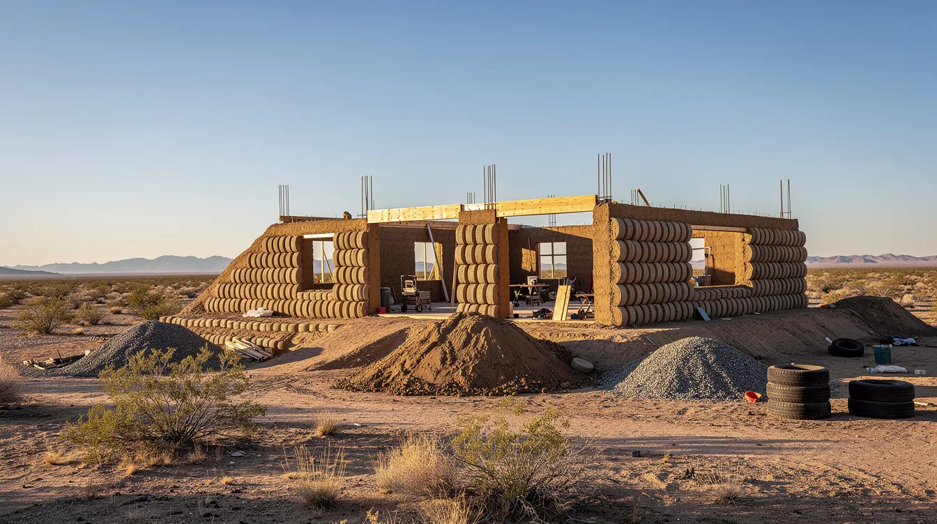Ece21436c1314f8cbef10cb75836f7db The image depicts a wide desert landscape featuring a partially constructed earth bermed dwelling showcasing exposed tire walls and an unfinished interior This earthship project emphasizes sustainable architecture utilizing recycled materials like old tires and is designed for energy efficiency with potential passive solar features