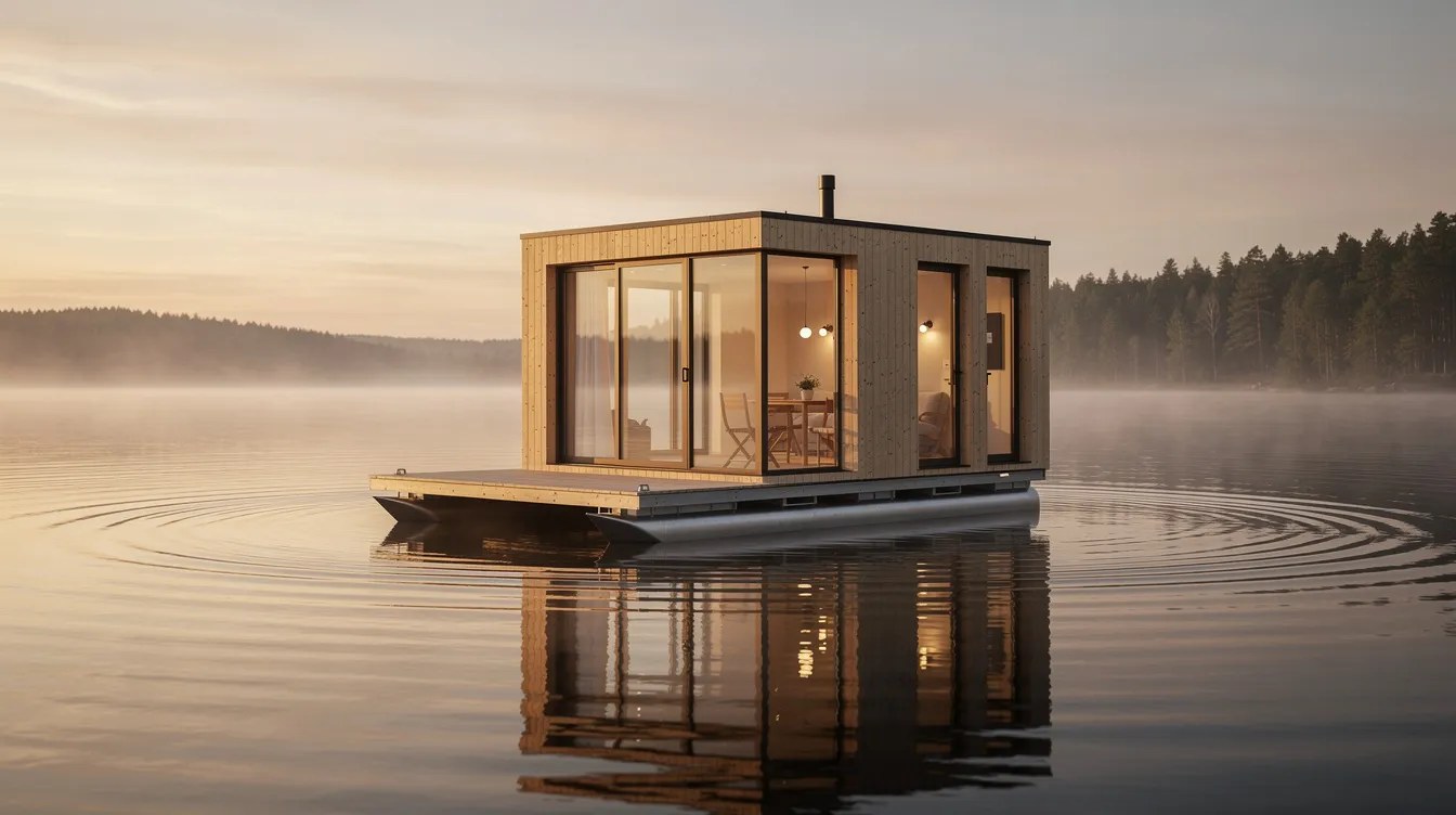 Ed3fedf19bce4925aaaf89cac13e5277 The image depicts a cozy tiny house on water elegantly perched on a floating platform showcasing a modern design with large windows and a small deck This floating tiny home exemplifies a unique lifestyle allowing people to enjoy life on the water while embracing the concept of minimalistic living