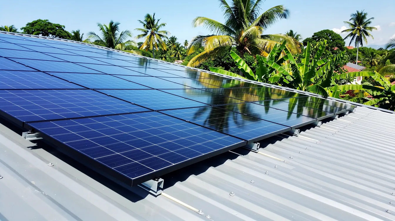 Ed6b28af14e843d58ab8290e99af5052 The image shows solar panels installed on a corrugated metal roof with lush tropical vegetation in the background reflecting the sustainable design principles of an earthship in Florida This alternative building utilizes recycled materials and modern amenities to create an energy efficient structure