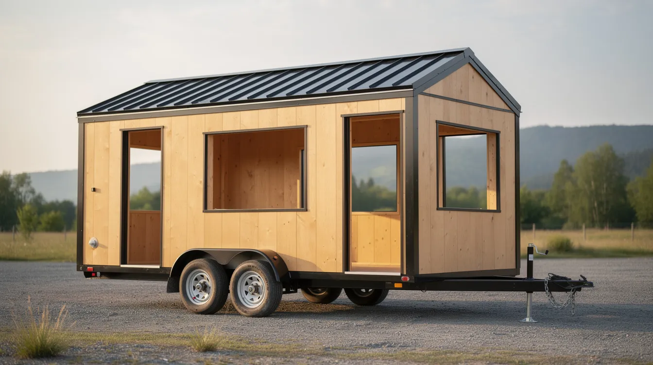 Edbdc8ed0dce41c68369b8b8a396209b The image shows a tiny house shell on a trailer featuring a basic frame and exterior siding ready for customization This tiny home is designed for easy transport highlighting the fun part of planning and building your own unique living space