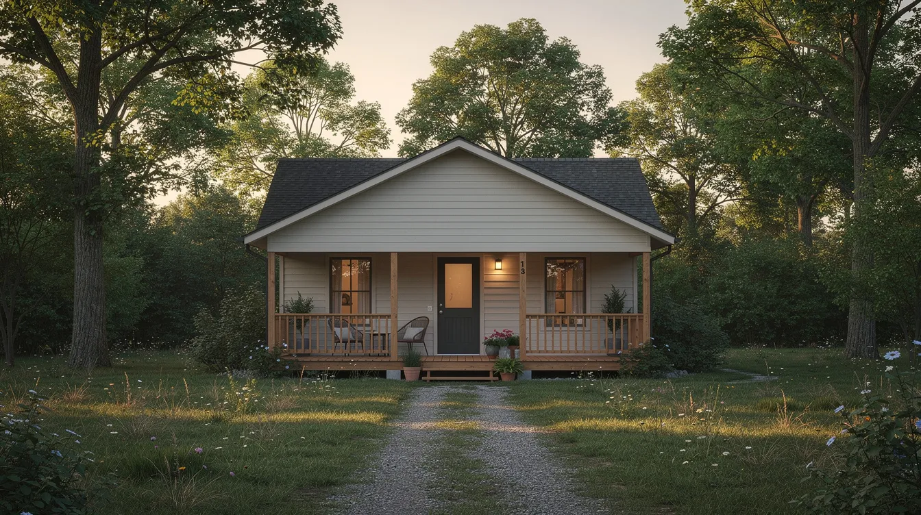 Ee7a488e437c494ab0b0cf50936f9bed The image depicts a cozy tiny home exterior featuring a covered porch nestled among trees in a serene rural setting This charming property in Nampa Idaho showcases the appeal of affordable tiny homes for sale perfect for families seeking a peaceful lifestyle