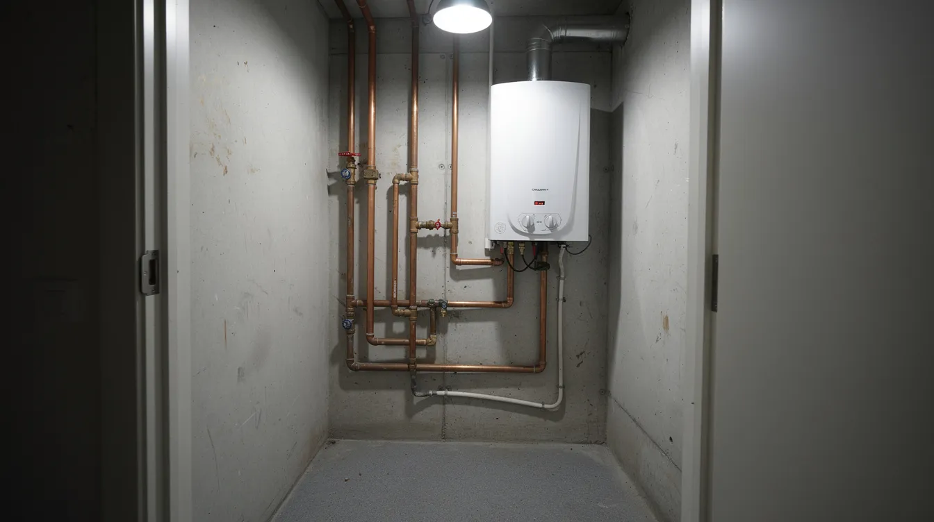 Ee93b6121a934af3aff0488f426f4628 The image shows a small utility closet featuring a compact electric water heater installed next to plumbing pipes designed for efficient hot water delivery in small homes or apartments This tankless water heater is ideal for meeting the hot water needs of one bathroom ensuring precise temperature control and energy efficiency in tight spaces