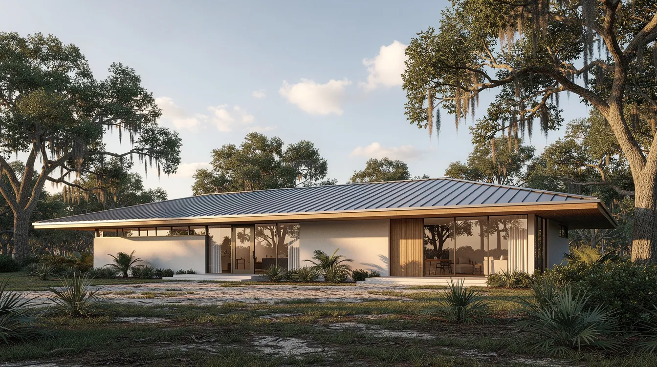 Eeff1f705871421994bb9b26b7faaae3 The image depicts a low profile Florida earthship featuring a wide metal roof and deep overhangs set against a flat landscape dotted with scattered oak trees This alternative building emphasizes sustainability and is constructed from recycled materials reflecting modern design principles while blending harmoniously with its natural surroundings