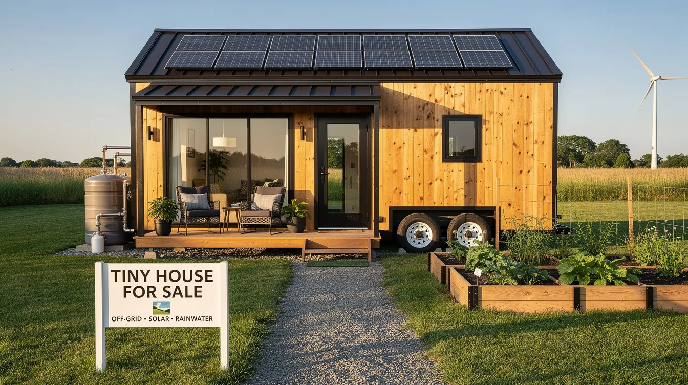 F0bcfb26aacf4466a967170046fcc065 A self sustaining tiny house for sale featuring a modern design with large windows for natural light solar panels for energy efficiency and crafted from high quality materials This eco friendly tiny home offers a compact living space that promotes sustainability and economic freedom perfect for off grid living or as a guest house