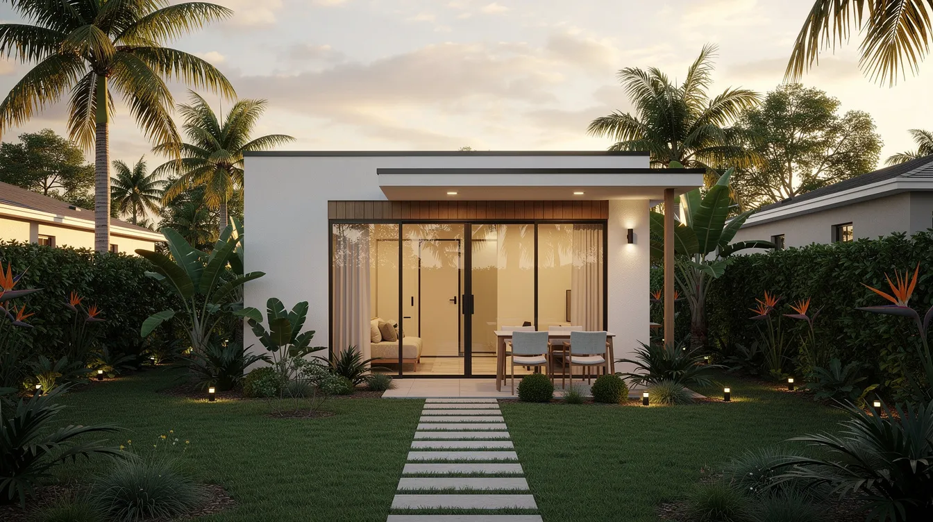 F1af270d2bce40ad889c3dff4c6cc42f The image depicts a small modern backyard dwelling designed as a tiny home surrounded by lush tropical landscaping in a residential Orlando property This cozy accessory dwelling unit ADU exemplifies the tiny living movement offering a comfortable living experience with thoughtful design and maximizing space