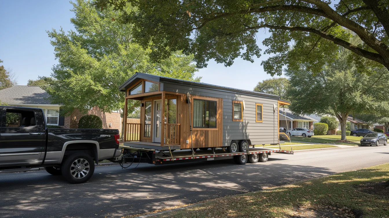 F2aedd3463b8483998386af5b1470578 A tiny home on wheels is being transported on a flatbed trailer down a tree lined residential street showcasing the growing trend of tiny home living and accessory dwelling units ADUs in California The scene highlights the mobility of tiny homes which can serve as both permanent dwellings and short term rentals in various communities