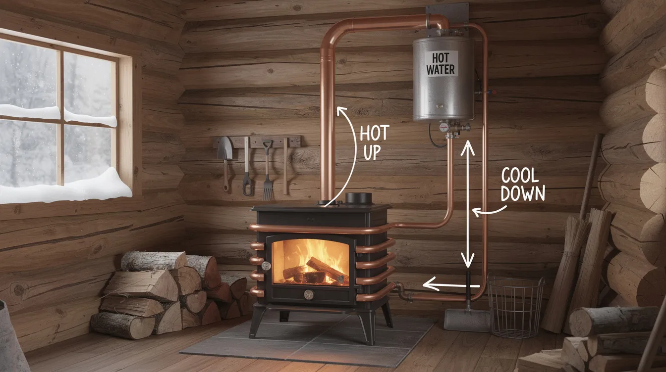 F306be8b9e5a42158e7402315fa05952 The image features a wood fired coil or donkey boiler setup showcasing a copper coil wrapped around a woodstove designed to heat water for an off grid outdoor shower This efficient system is ideal for winter cabins providing a convenient source of hot water for cold showers