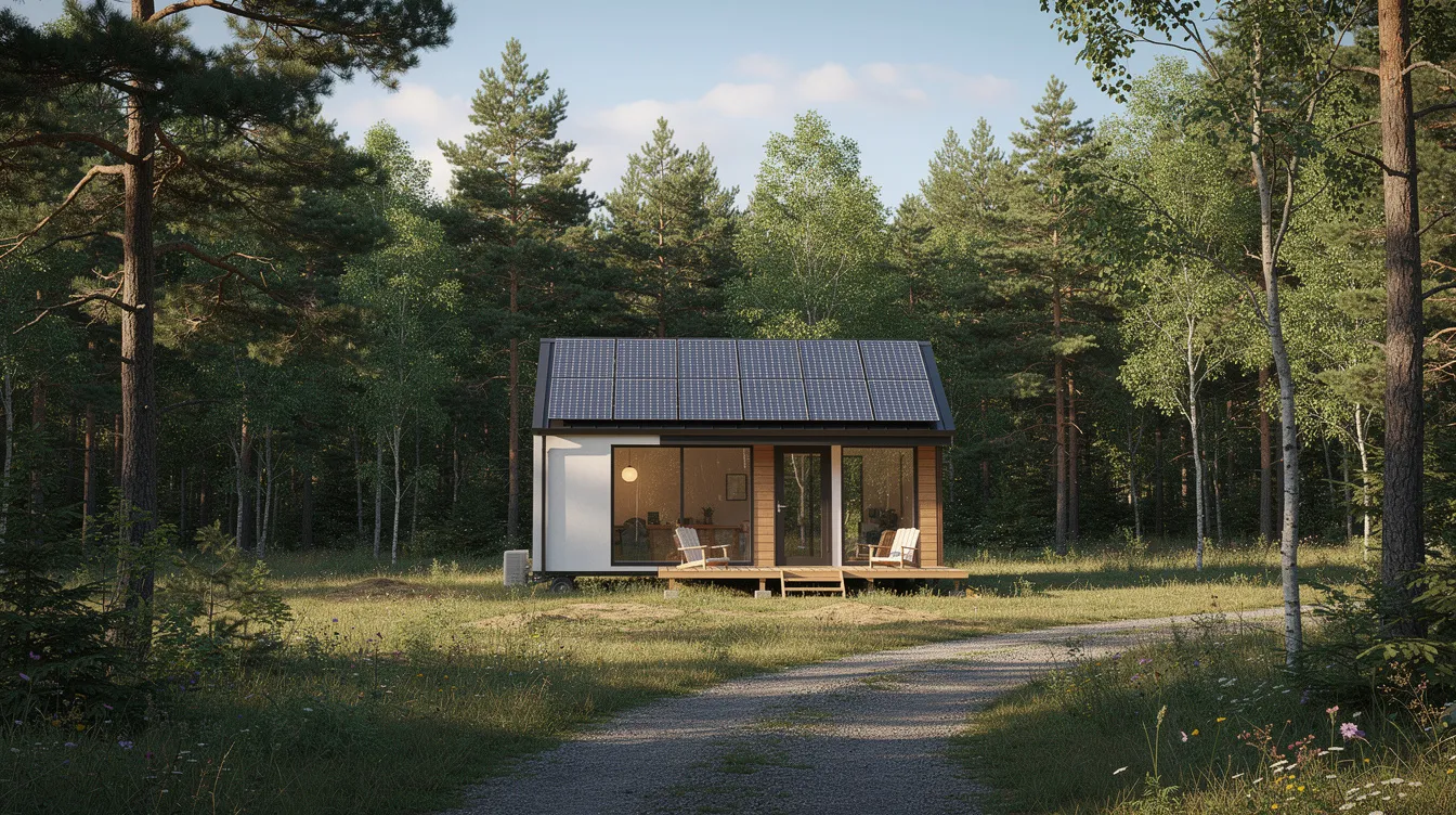 F33c6e3ce84d4ec8ab437c96f7bd04a2 A cozy tiny house featuring solar panels on the roof is nestled within a wooded rural property emphasizing off grid living The home is designed for sustainability likely equipped with its own septic system for waste management and a fresh water supply for daily needs