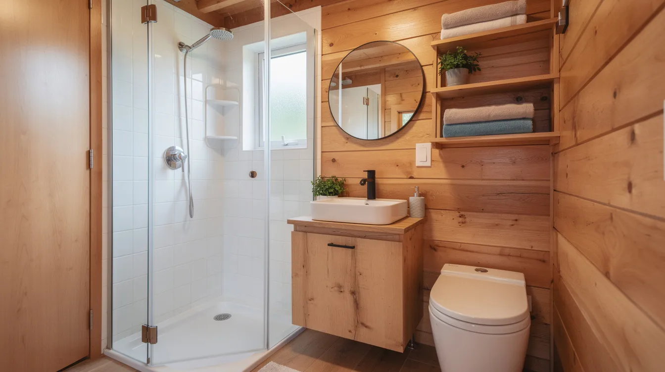 F3c60c0fc9b94c7eb5901409c1b7f14b The image depicts a compact tiny house bathroom interior featuring a glass corner shower a composting toilet and a small wooden vanity all designed to maximize floor space and functionality Natural light illuminates the airy space showcasing the clean lines and thoughtful storage solutions typical of tiny house bathroom design