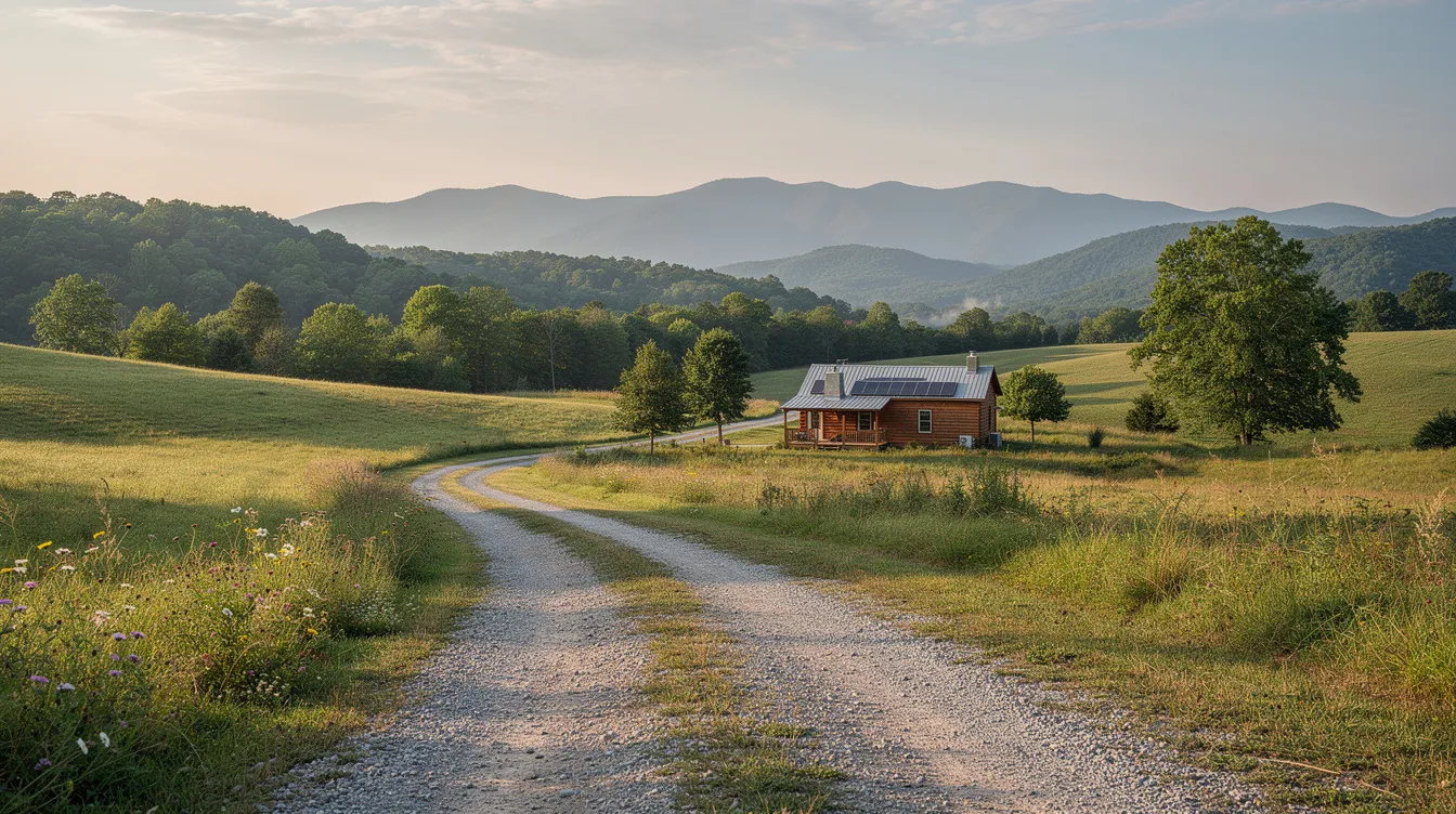 F4b09c2ddd8a4f278d4312608df0729c The image depicts a serene rural Virginia mountain landscape featuring rolling green hills a winding gravel road and a small off grid cabin nestled in the distance This sustainable house designed with natural materials and large windows highlights its connection to the surrounding mountains and offers a peaceful living space for those seeking a healthy energy efficient lifestyle