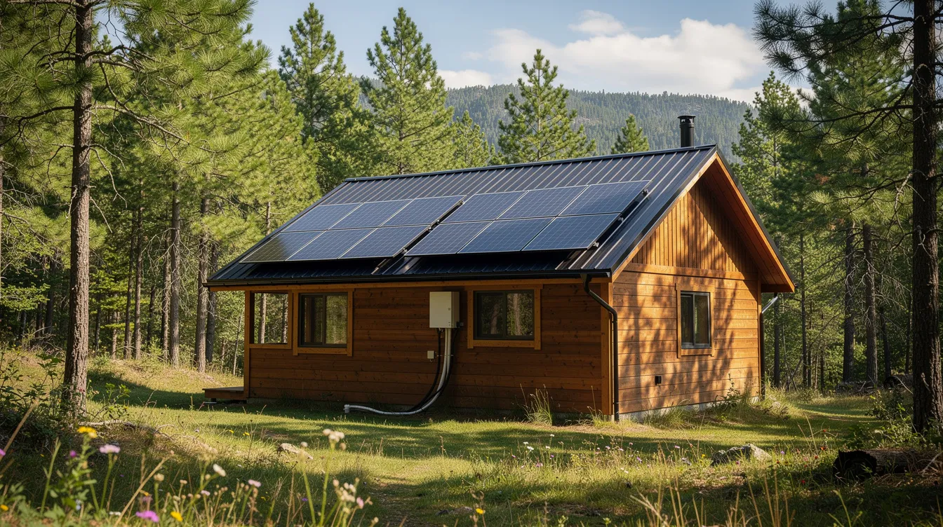F6675042f57c46b09f5826cce891a0fe The image features a small off grid cabin part of the tiny house movement with solar panels installed on its roof nestled among tall pine trees This cozy tiny home exemplifies sustainable living offering a serene retreat in a natural setting