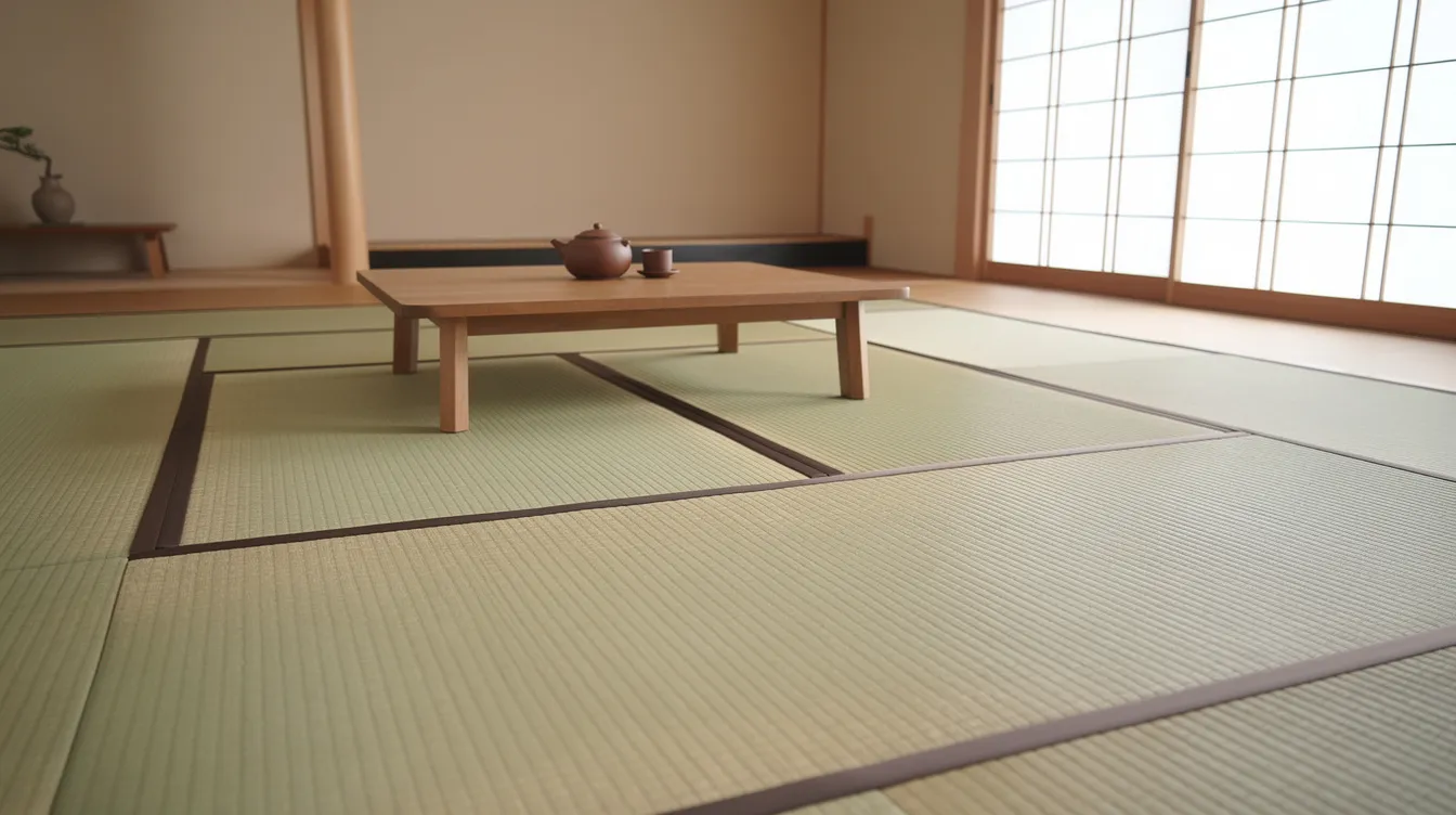 F85960a52cec4f459b45940987d6d8c6 The image showcases a beautifully arranged tatami room featuring traditional tatami mats made from rush grass creating a serene and elegant Japanese style space The room is adorned with shoji screens a low table and a platform bed reflecting the simplicity and cultural background of Japanese homes while inviting relaxation and meditation