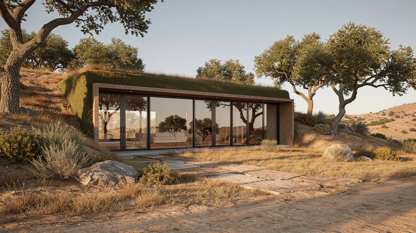 F8a4d57b5ff9408996c6be1d6ceec643 The image depicts a sustainable earthship home built into a hillside featuring a wide south facing glass wall that allows natural light to flood the interior Surrounded by the dry California landscape with scattered oak trees this energy efficient structure showcases the principles of earthship biotecture utilizing natural and repurposed materials for a harmonious blend with its environment