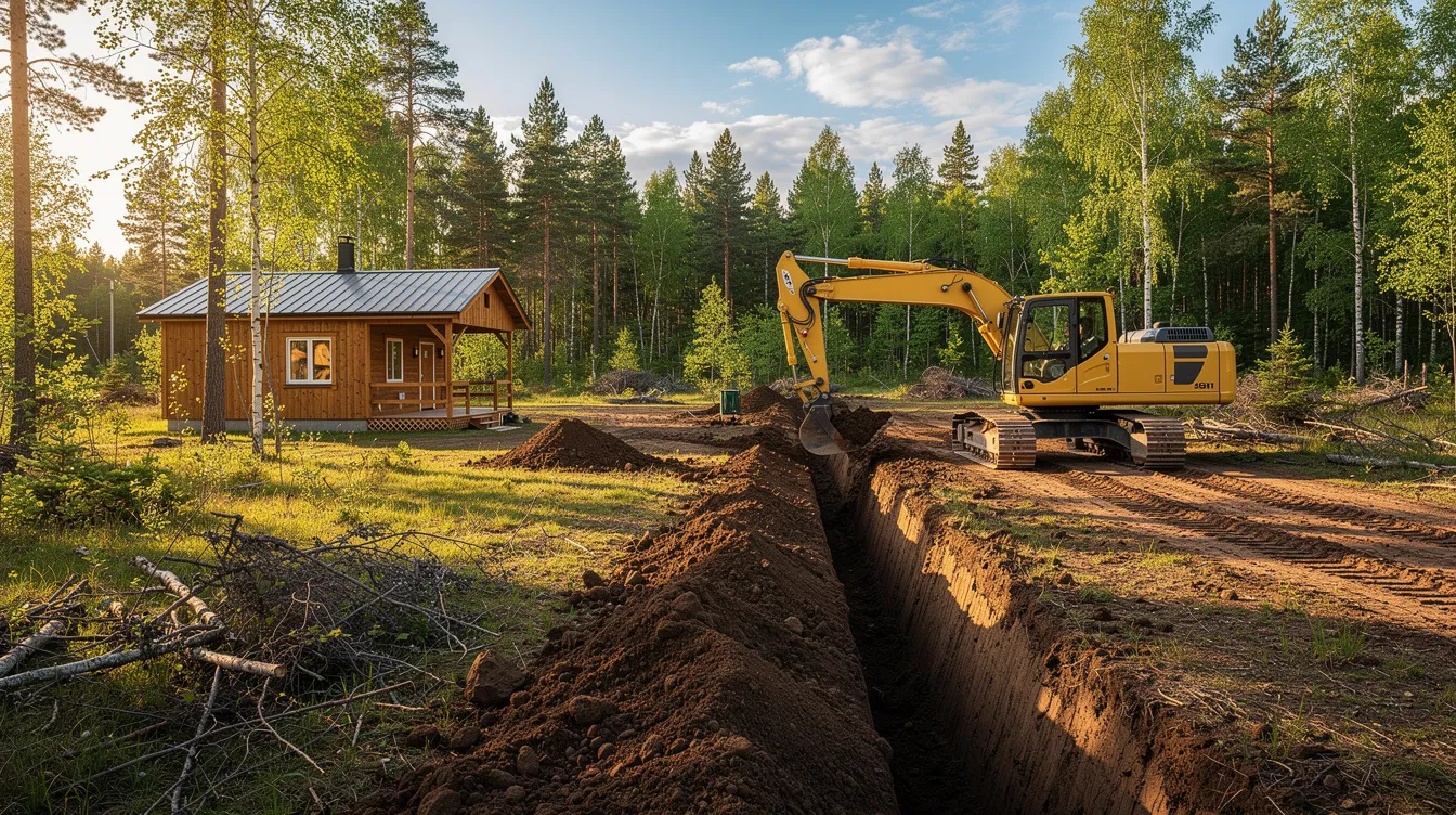 F938ab92f19946fa94e0651f3195bd72 An excavator is digging a trench on a wooded rural lot near a cabin preparing the site for the installation of a small septic system The machine is surrounded by trees and soil indicating the beginning of a process to manage wastewater effectively for the cabin