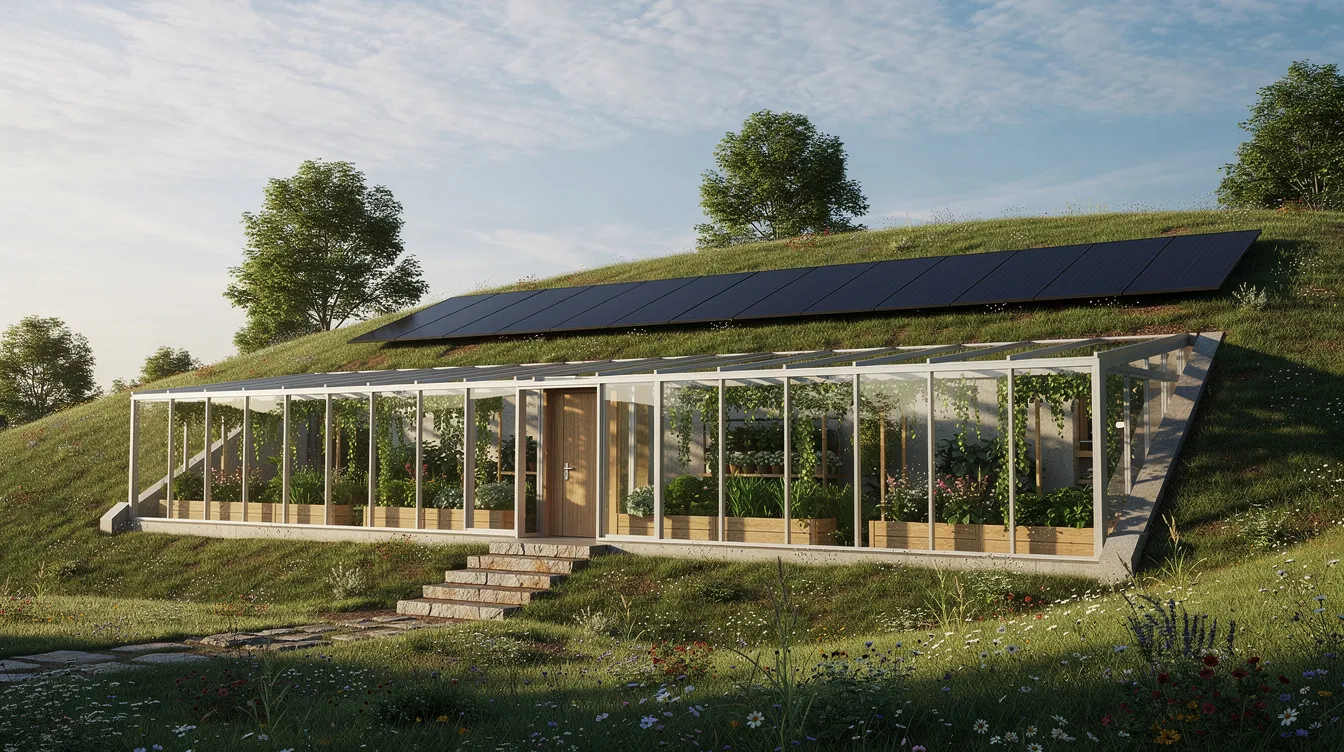 F9b9ed97e7014ca887a14575e95fdd58 The image depicts a south facing earth sheltered home nestled into a green hillside featuring solar panels on the roof and a greenhouse corridor at the front This sustainable structure designed for energy efficiency showcases large windows that invite natural light and is surrounded by the serene contours of the mountains in Virginia