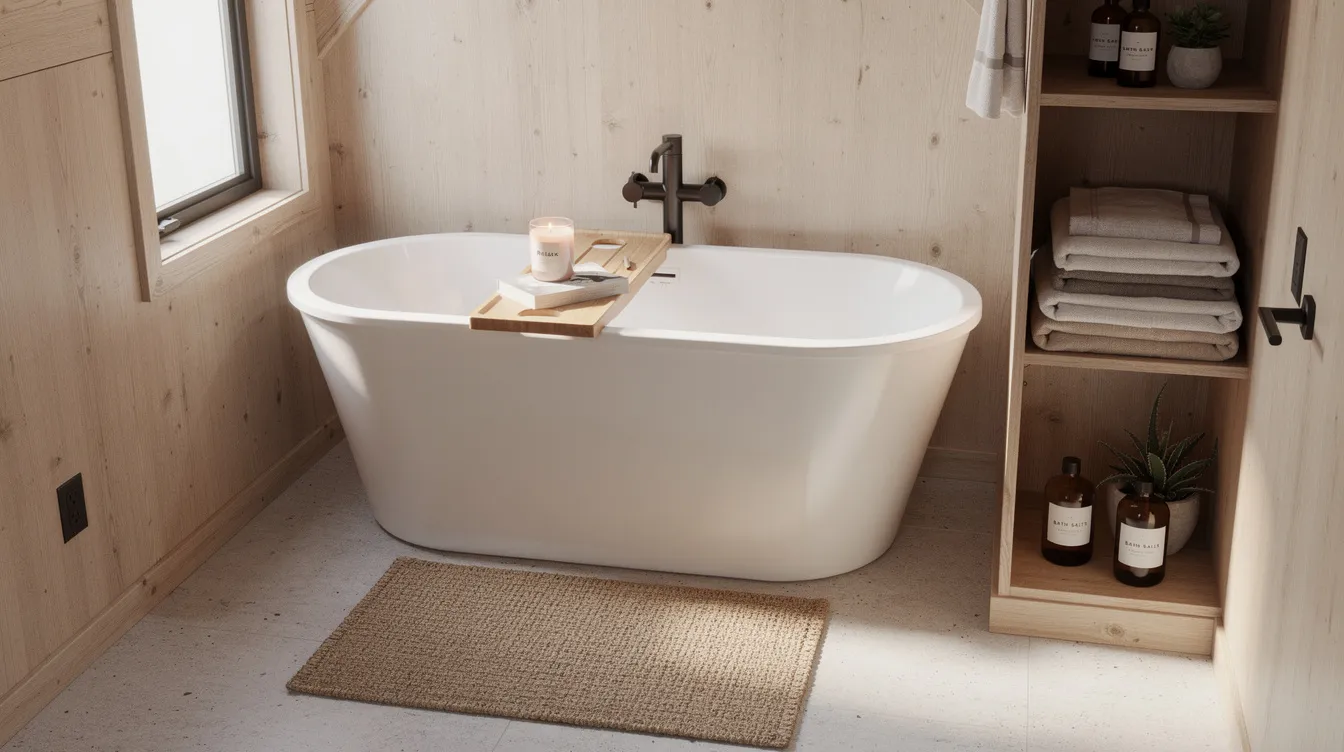 F9be01e531d540879cc220f72ff91b1e The image features a cozy tiny house bathroom showcasing a clawfoot tub perfectly designed for small spaces With a tiled shower alcove and all tile floor this compact layout offers creative solutions for tiny living while maintaining a luxurious feel
