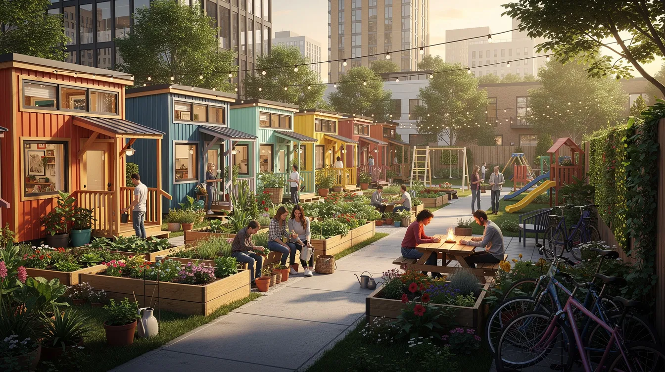 Fa35c6c41a9b44449047c802187cdd2d The image depicts a vibrant tiny home community featuring colorful tiny houses surrounded by lush gardens and shared outdoor spaces promoting a sense of community and connection among residents This urban setting highlights the tiny house movement's focus on sustainable living and affordable housing in a welcoming environment.
