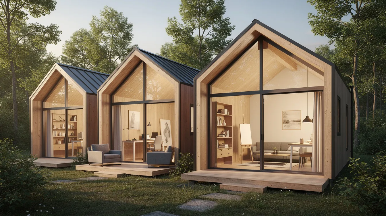 Fa37979a900346d6aa87c866b769e575 The image depicts a modern studio cabin featuring a sleek single slope roofline and large windows that invite natural light into the open interior space This contemporary cabin design perfect for minimalist living or as a guest house showcases clean lines and a warm inviting atmosphere