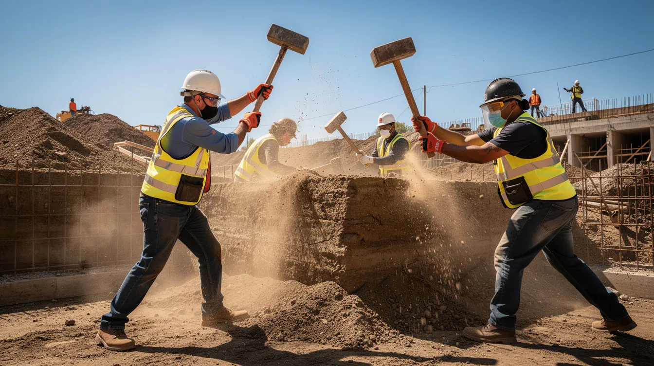 Fa77b06890bd4c9983969872a9d542c9 A group of workers is actively engaged in earthship construction at a sunny construction site using large hammers to pound tires into a dirt filled structure This sustainable architecture project emphasizes the use of recycled materials and aims to create energy efficient homes that embody the principles of green building