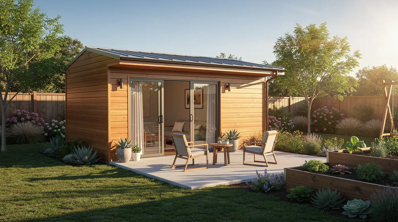 Fb187058c9e84295b62cafd0541a781a The image depicts a small modern wooden tiny house nestled in a sunny California backyard complete with a cozy patio and vibrant garden illustrating the appeal of tiny living in compliance with California building codes This charming tiny home reflects the growing trend of accessory dwelling units and the tiny house movement aimed at addressing housing affordability