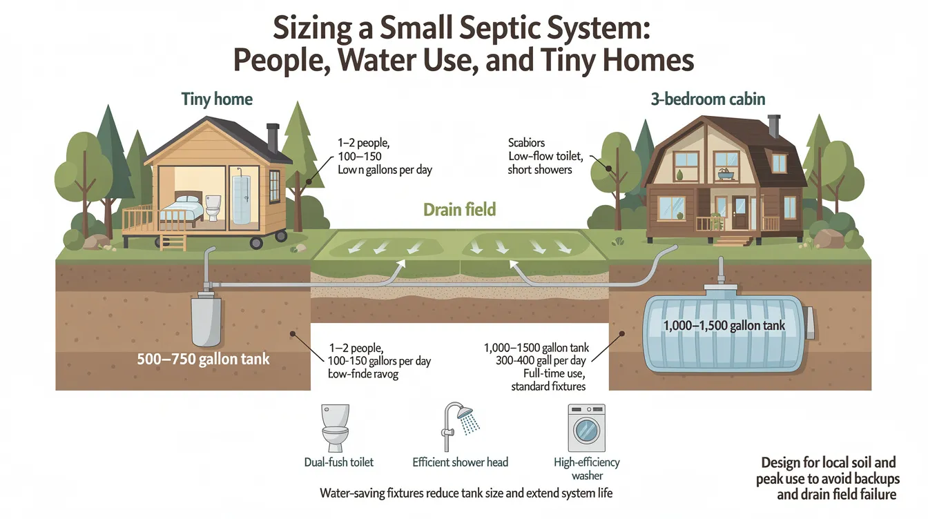 Fb55343480544a3f9eb1f38fd12feac5 The image depicts a diagram illustrating the design considerations for small septic systems tailored for tiny homes and cabins It highlights the importance of sizing septic tanks based on daily water usage and bedroom count emphasizing the need for efficient fixtures to optimize waste management and extend the life of these private septic systems