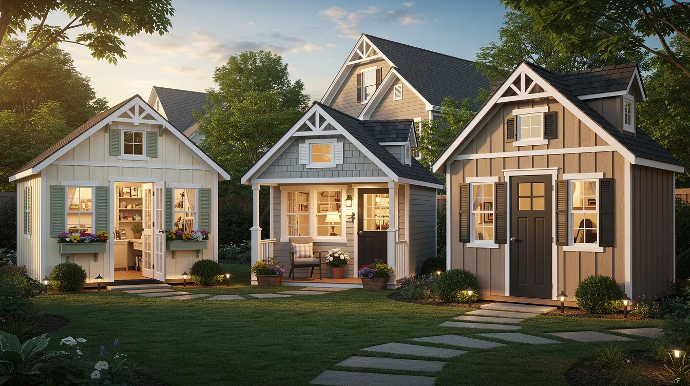 Fb955575fe894babb686275a8eafeca5 The image features a charming cottage style shed with a steep gabled roof decorative trim and window shutters set in a picturesque backyard This stylish storage space not only serves as a perfect solution for organizing outdoor gear but also enhances the yard's curb appeal, making it a great addition for customers looking for quality sheds that complement their home.