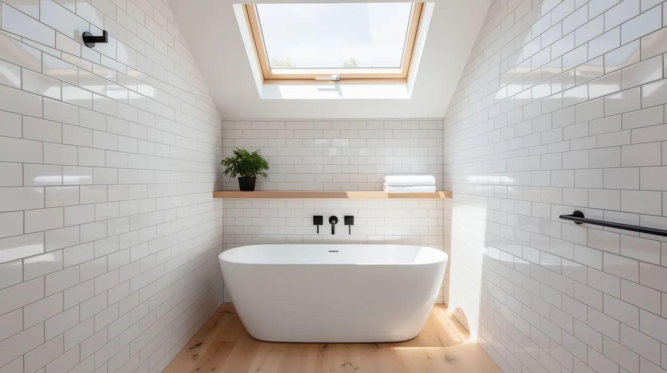 Fb96641af2654098aa67338145c23c4f The image depicts a bright tiny house bathroom featuring white tile walls and an all tile floor with a compact freestanding clawfoot tub positioned beneath a skylight creating an inviting space for relaxation in small living environments The layout showcases creative solutions for maximizing square footage while maintaining a luxurious feel