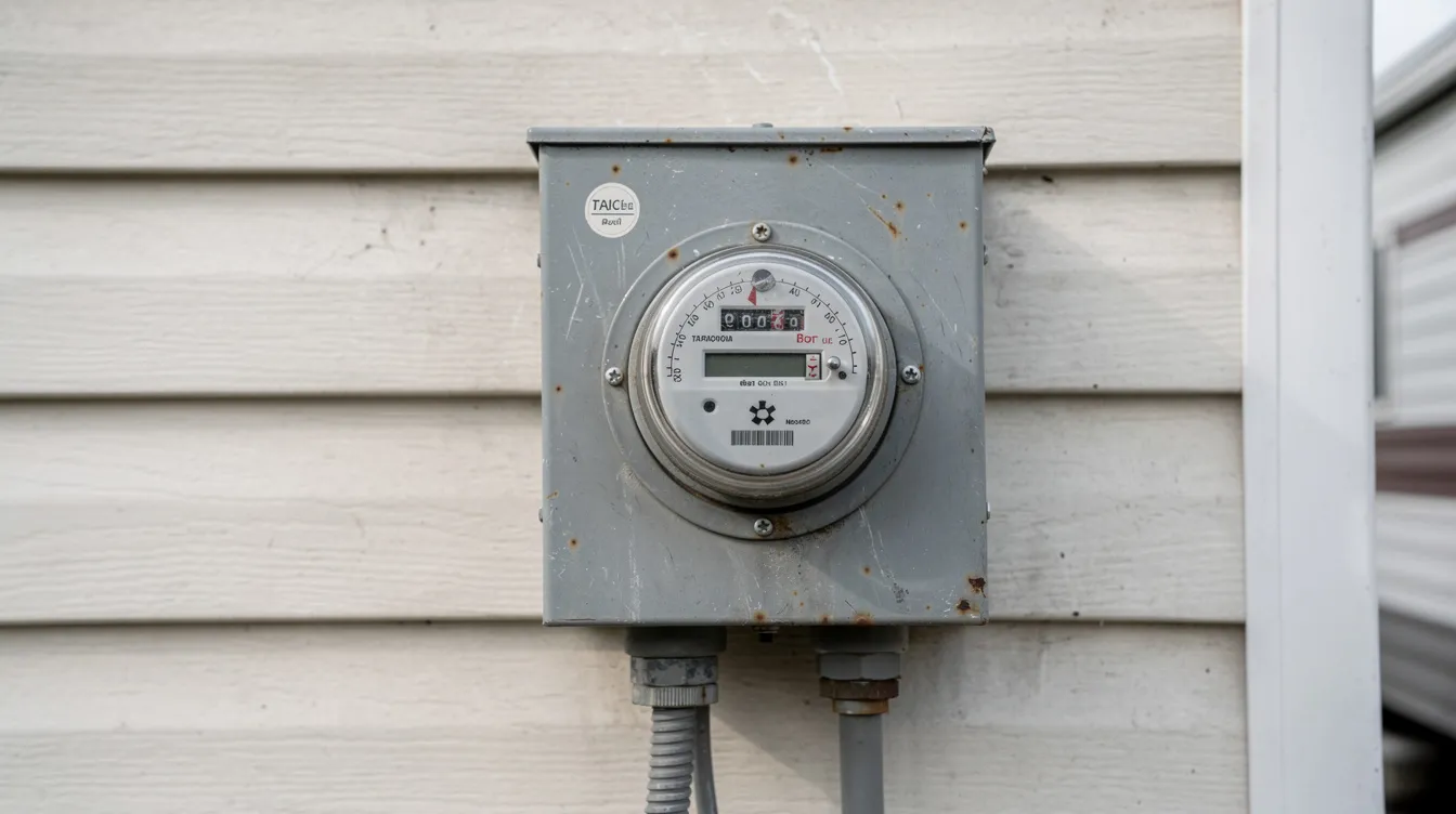 Fc06dab8beb643799f4fb5a086748fee A close up view of an electric meter panel mounted on the exterior of a mobile home showcasing the essential utility service that tracks electricity usage for residents in mobile home parks This electric meter is crucial for managing utility bills and ensuring accurate billing processes for park management